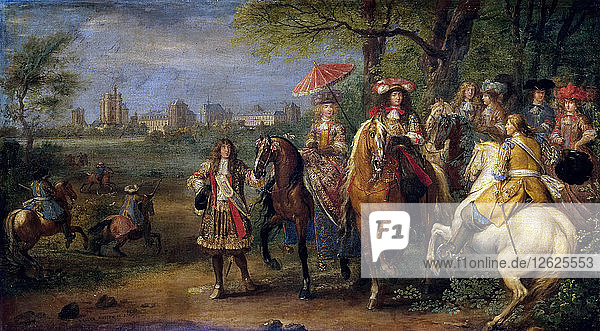Chateau de Vincennes with Louis XIV and Marie Therese with their Court in 1669. Artist: Meulen  Adam Frans  van der (1632-1690)