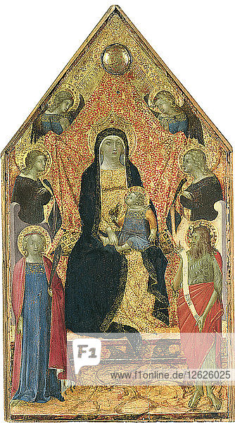 Die Jungfrau mit dem Kind thront zwischen vier Engeln und Heiligen. Künstler: Bulgarini  Bartolomeo (ca. 1300/10-1378)