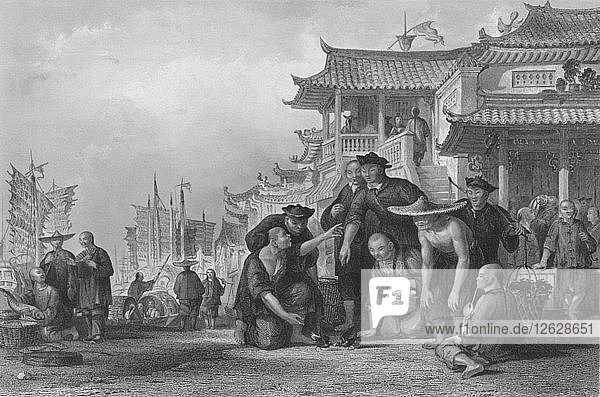 Canton Barge-men fightng Quails 1843. Artist: Augustus Fox.