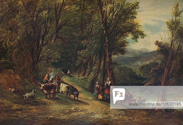 Rinder und Figuren in einem bewaldeten Tal mit Bach  1860  (1938). Künstler: Alfred Vickers.
