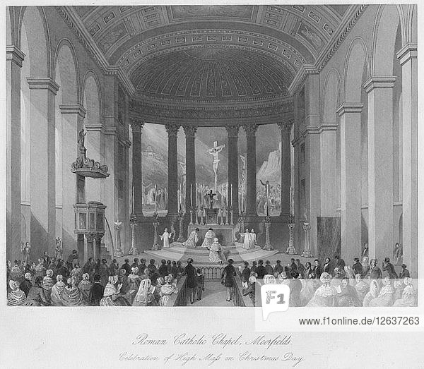 Römisch-katholische Kapelle  Moorfields. Feier des Hochamtes am Weihnachtstag  um 1841. Künstler: Henry Melville.