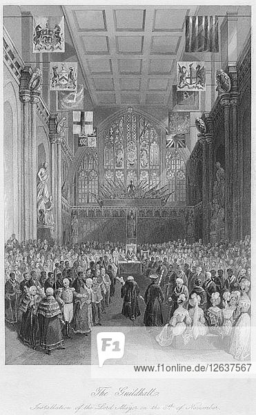 Die Guildhall. Einsetzung des Oberbürgermeisters am 8. November  um 1841. Künstler: Henry Melville.