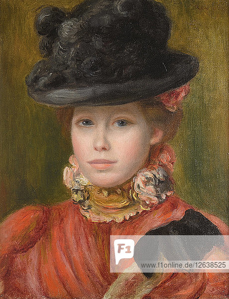 Girl in black hat with red flowers c. 1890. Artist: Renoir Pierre Auguste (1841-1919)
