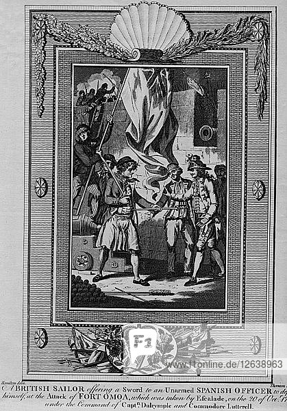 Ein britischer Matrose  der einem unbewaffneten spanischen Offizier ein Schwert anbietet  um sich zu verteidigen  bei dem Angriff von Artist: William Thornton.