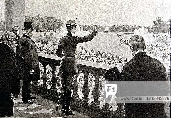 King Alfonso XIII of Spain (1886-1941) acclaimed in the gardens of Versailles Paris (1905) engr?