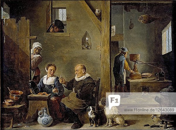 Eine Brennerei mit einem älteren Mann  der Gin von einer Frau kauft  um 1640-1649. Künstler: David Teniers II.