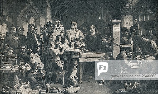 Caxton zeigt König Edward IV. das erste Exemplar seiner Drucke  um 1858  (1911). Künstler: Daniel Maclise.