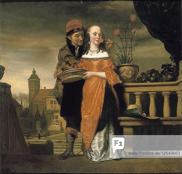 Ein Mann hält einer Frau eine Nelke an die Nase: Eine Allegorie des Geruchssinns  vor 1660. Künstler: Nicolaes Maes.