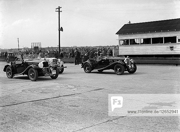 Triumph and Alvis cars at the MCC Members Meeting  Brooklands  10 September 1938. Artist: Bill Brunell.