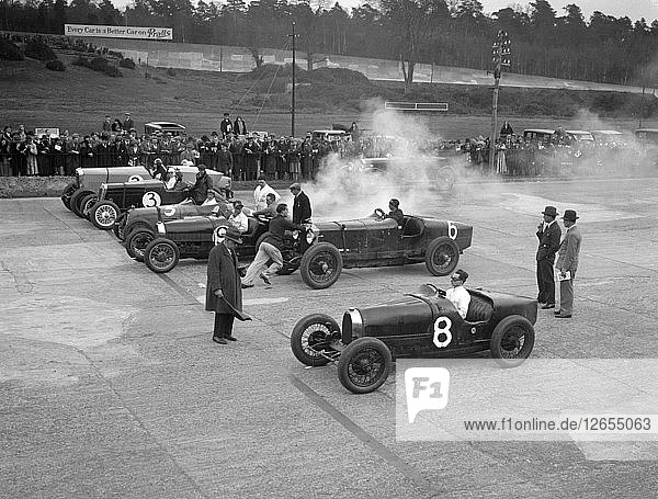 Cars on the start line at a BARC meeting  Brooklands  1930. Artist: Bill Brunell.