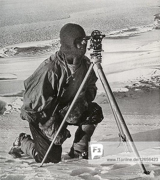 Lieut. E. R. G. R. Evans Surveying With The Four-Inch Theodolite  October 1911  (1913). Artist: Herbert Ponting.