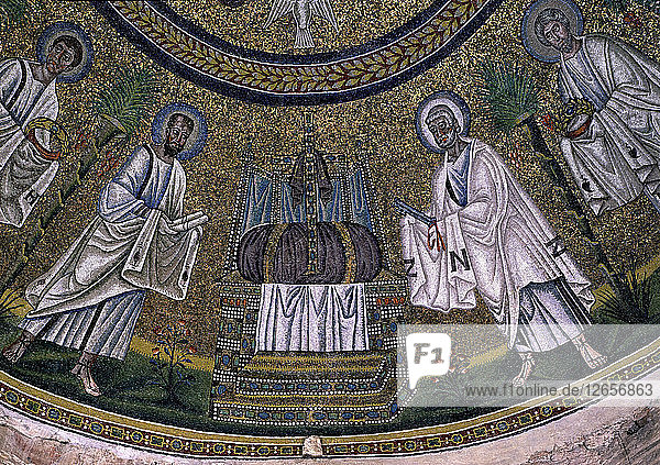 Detail of the mosaic of St. Paul and St. Peter in the dome of the Baptistery of the Arians in Rav?