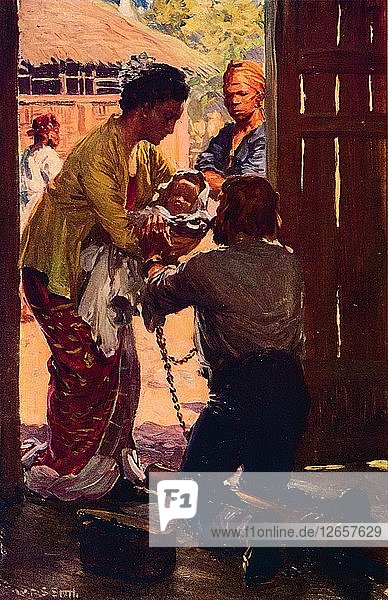 Mrs. Judson bringt ihr Kind zu ihrem gefesselten Mann  um 1912. Künstler: Unbekannt.