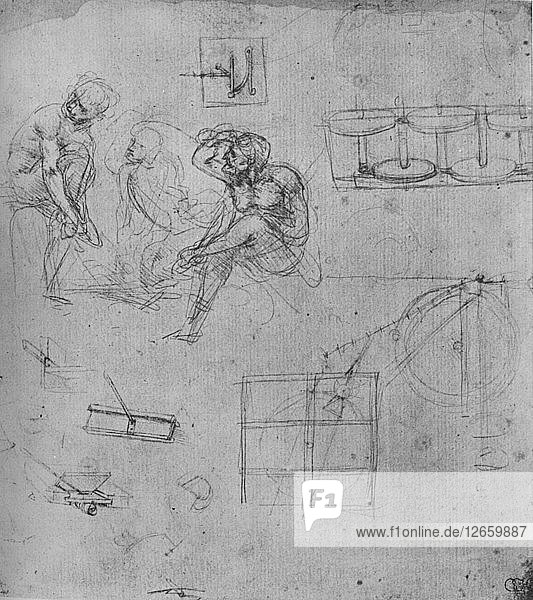 Three Seated Figures and Studies of Machinery  1480-1481 (1945). Artist: Leonardo da Vinci.