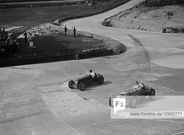 ERA and Maserati racing at Brooklands  1938 or 1939. Artist: Bill Brunell.