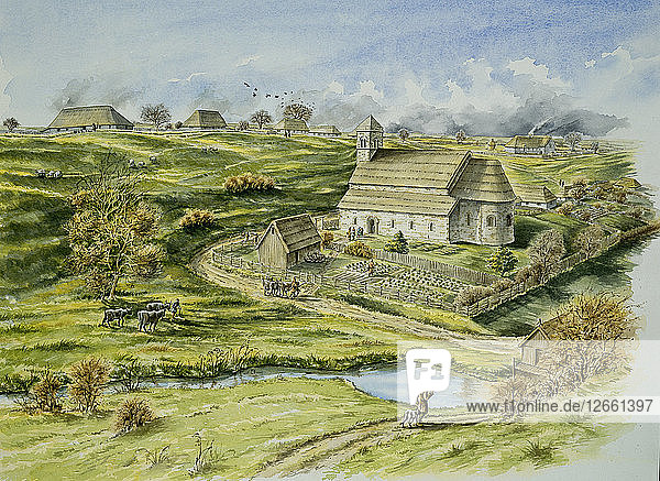 Mittelalterliches Dorf Wharram Percy  spätes 12. Jahrhundert  (c1990-2010). Künstler: Peter Dunn.