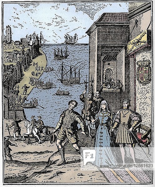 Kolumbus mit Ferdinand und Isabella  (3. August 1492)  1912. Künstler: Unbekannt.