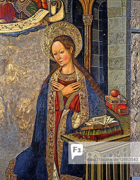 Die Verkündigung  Detail der Jungfrau  Gemälde auf einem Tisch aus der Kirche des Blutes von Alcove?