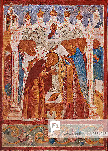 Mönchsweihe des Heiligen Abraham von Rostow. Fresko der Kirche des Heiligen Apostels Johannes in