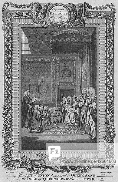 Der Act of Union  der Königin Anne vom Herzog von Queensberry und Dover überreicht wurde  um 1787. Künstler: Unbekannt.