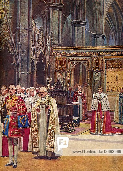Die Anerkennung: Der König steht vor der Versammlung  präsentiert vom Erzbischof  1937. Künstler: Unbekannt.