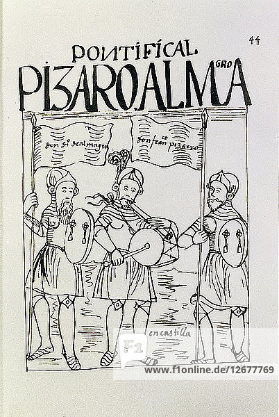 Francisco Pizarro und Diego de Almagro mit einem Flageolett-Spieler aus Kastilien  Illustration aus dem ?