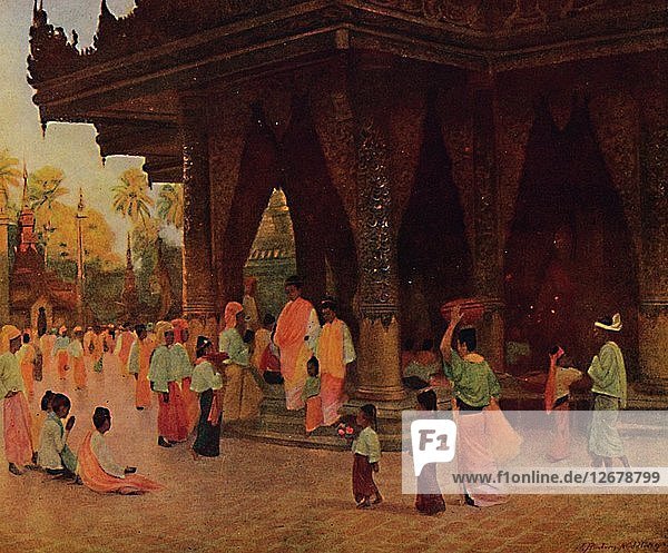 Worshippers at a Shrine of Gautama  1913. Artist: James Raeburn Middleton.