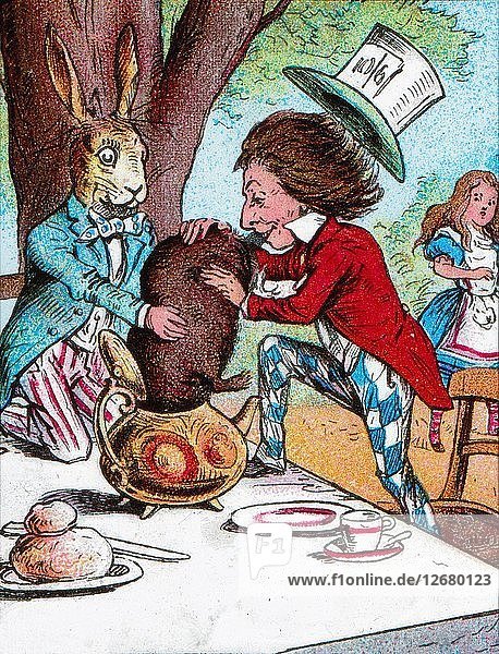 The Mad Hatter and the March Hare trying to put the Dormouse into a teapot c1910. Artist: John Tenniel.