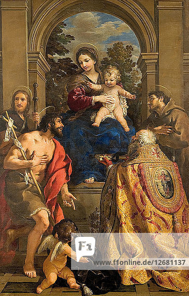 Jungfrau und Kind mit den Heiligen Jakobus  Johannes dem Täufer  Papst Stephan I. und Franziskus.
