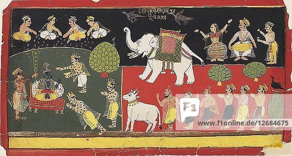 Krishna  der von Indra verehrt wird  kommt auf einem weißen Elefanten an  um 1720. Künstler: Unbekannt.