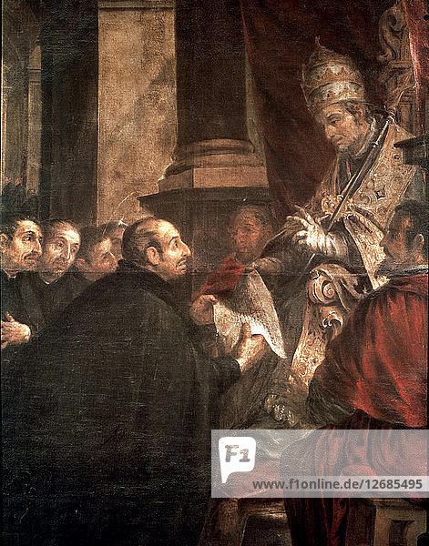Ignatius von Loyola zu Füßen von Papst Paul III.  im Falle der Genehmigung der Gesellschaft ?