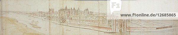 Ansicht von Hampton Court Palace von Süden  mit dem Fluss im Vordergrund  1558. Künstler: Anthonis van den Wyngaerde.