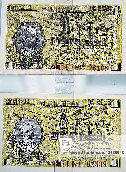 Von der Stadt Reus im April 1937 während des Spanischen Bürgerkriegs (1936-1939) ausgegebene Banknoten.