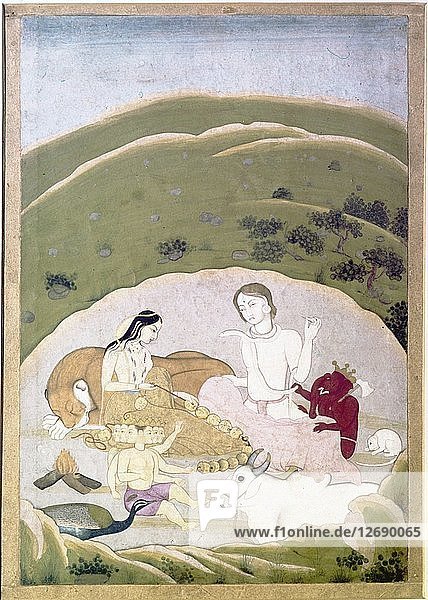 Siva und Parvati mit ihren Kindern  Ganesh und Karttikgya auf dem Berg Kailash  um 1745. Künstler: Unbekannt.