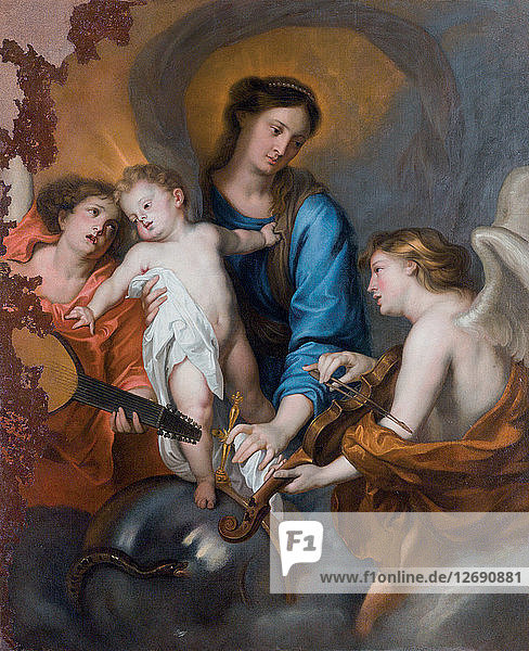 Die Jungfrau mit Kind und zwei musizierenden Engeln.