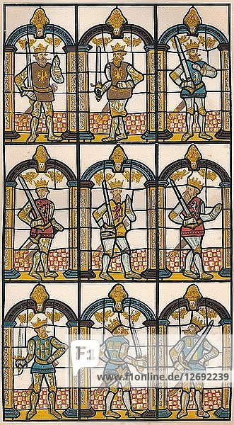 Gemaltes Fenster - Zwei sächsische Grafen von Mercia und sieben normannische Grafen von Chester  1808 (1845). Künstler: William Fowler.