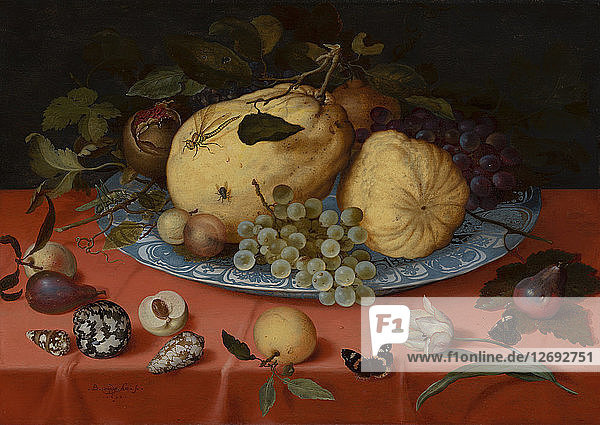 Früchtestillleben mit Muscheln und Tulpe  1620.