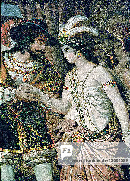 Zingari  das Oberhaupt eines indigenen Volkes  bietet Hernán Cortés ihre Schwester Aida an  ein Detail aus einem Lith?