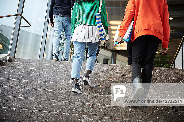 Low section of friends walking up of steps in university