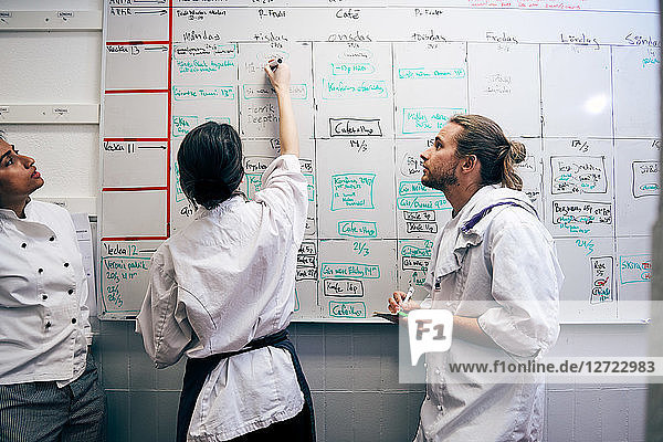 Female chef writing menu on whiteboard by colleagues in kitchen