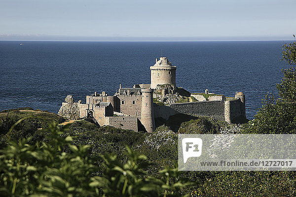 Frankreich  Festung La Latte  am Meer. Gesamtansicht aus dem Gebüsch des umliegenden Moors.