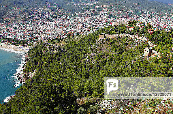 Turkey province of Antalya Alanya ramparts on the cliff and new city