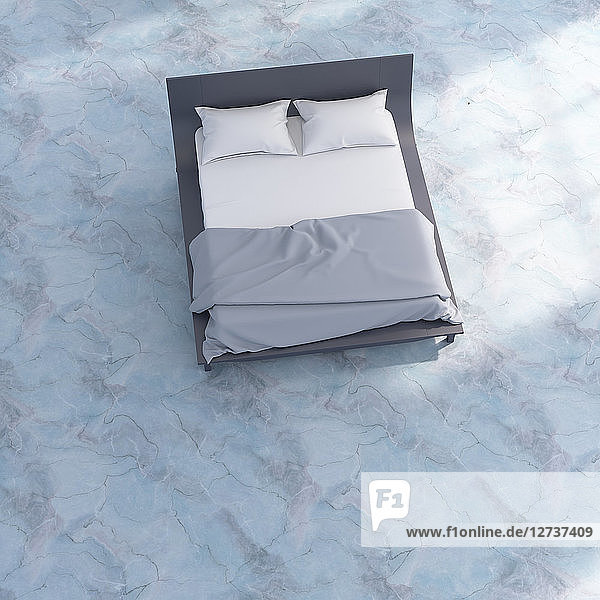 3D rendering  Bed with bedding on blue marble floor