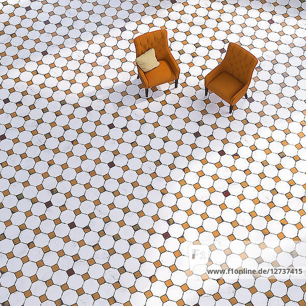 3D rendering  Two chairs on tiled floor