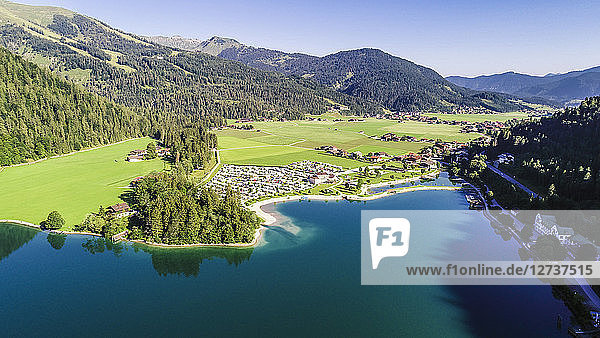 Austria  Tyrol  Scholastika and Caravan Park  Lake Achensee  View to Seekarspitze