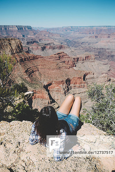 USA  Arizona  Grand Canyon National Park  Grand Canyon  back view of woman looking at view