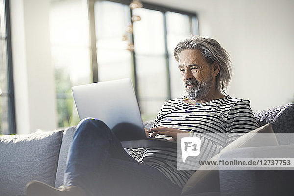 Senior man sitting on couch  using laptop