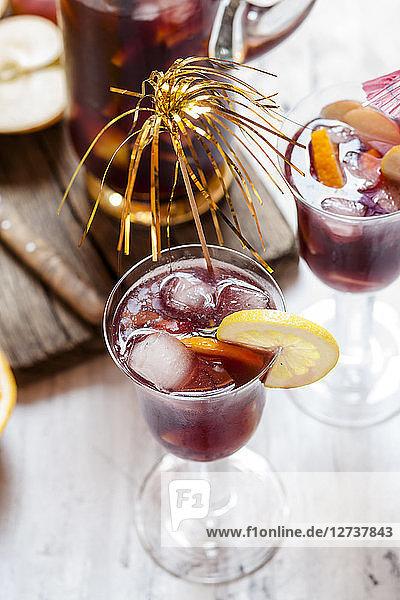 Decorated glass of Sangria with fresh fruits