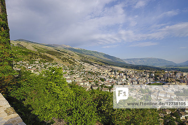 Albania  Gjirokaster  city view and Mali i Gjere mountains