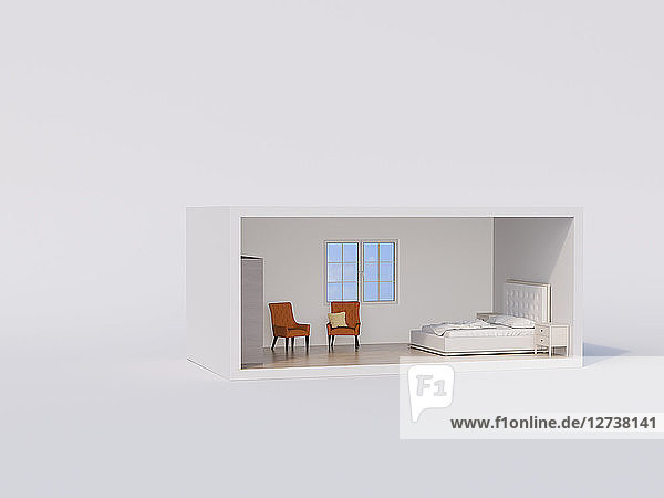 §D rendering  Model of a bed room with white bed and orange armchairs